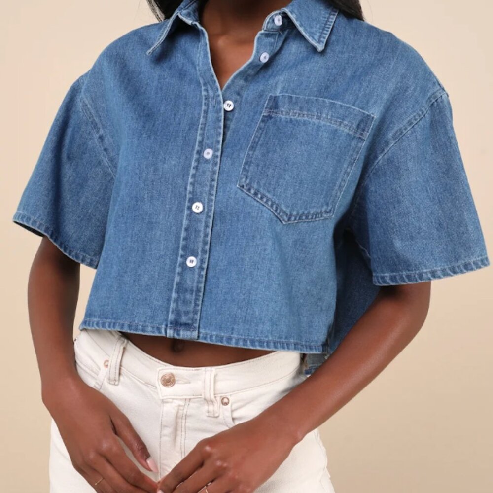 Ensured Cuteness Medium Wash Denim Button-Up Collared Top